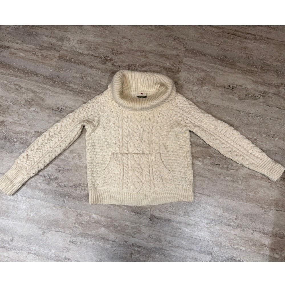 Carraig Donn Irish Aran Cable Knit Sweater Merino Wool Cowl Neck Cream Small